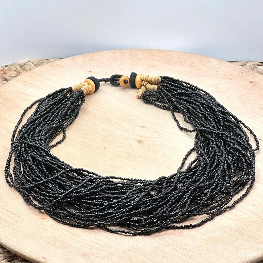 Vintage 70s Black Seed Bead Waterfall Necklace Multi Strand Boho Layered Collar - Picture 5 of 5